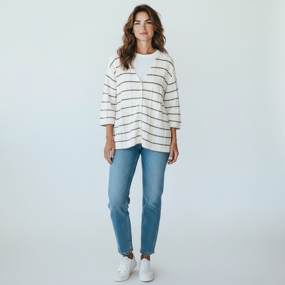Christopher & Banks Sweaters - Christopher & Banks Women Cardigan L White Brown Striped 3/4 Sleeve Button Front